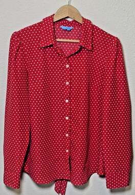 Draper James Womens Size 12 Red White Polka Dot Tie Neck Blouse Button Up